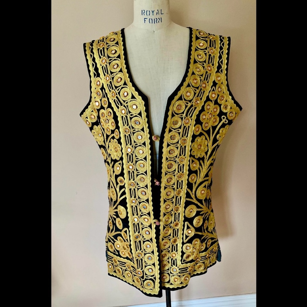 Vintage Mirrored Velvet Afghan Hippie Vest Gold Embroidered 70s 80s